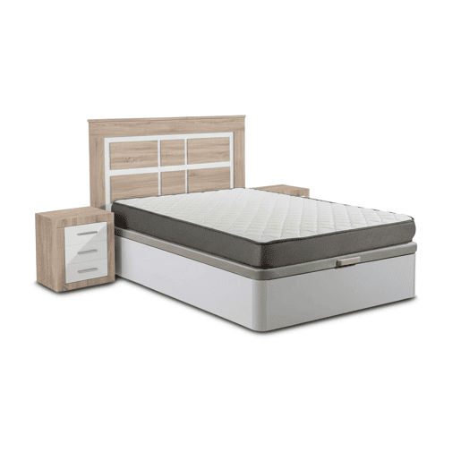 Conjunto de cama com estrado, branco, 135 cm + colchão + cabeceira e 2 mesas de cabeceira, Cambria e branco