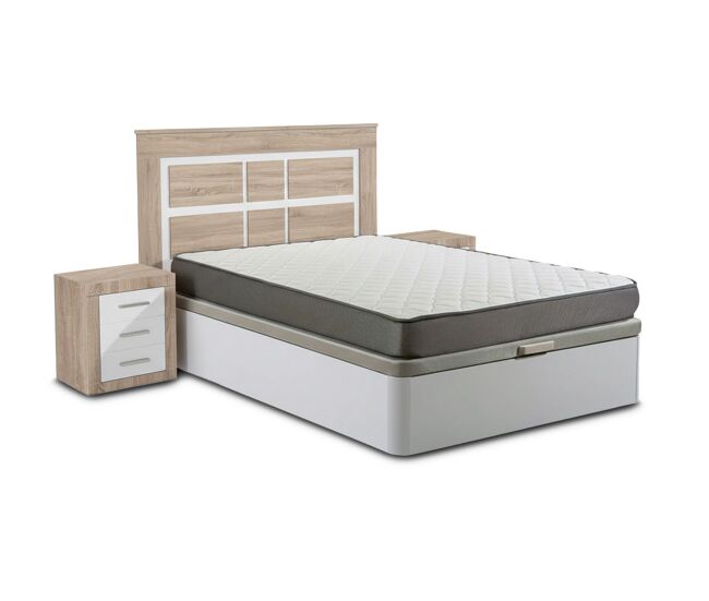 Pack cama canape, blanco, 135cm + colchón + cabecero y 2 mesitas de noche, cambria y blanco
