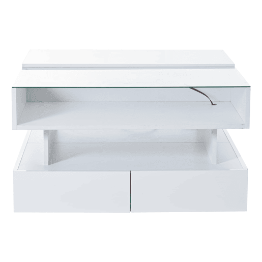 Mesa de centro elevável 80x80x45 cm - Com arrumação oculta, 2 gavetas, LED, vidro temperado - Branco Mesa de centro elevável 80x80x45 cm - Com arrumação oculta, 2 gavetas, LED, vidro temperado - Branco