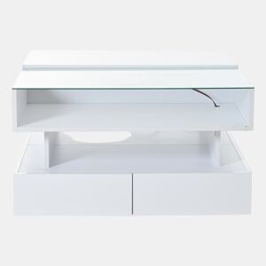 Mesa de centro elevável 80x80x45 cm - Com arrumação oculta, 2 gavetas, LED, vidro temperado - Branco