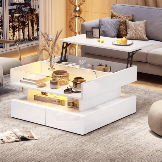 Mesa de centro elevável 80x80x45 cm - Com arrumação oculta, 2 gavetas, LED, vidro temperado - Branco Mesa de centro elevável 80x80x45 cm - Com arrumação oculta, 2 gavetas, LED, vidro temperado - Branco