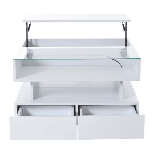 Mesa de centro elevável 80x80x45 cm - Com arrumação oculta, 2 gavetas, LED, vidro temperado - Branco Mesa de centro elevável 80x80x45 cm - Com arrumação oculta, 2 gavetas, LED, vidro temperado - Branco