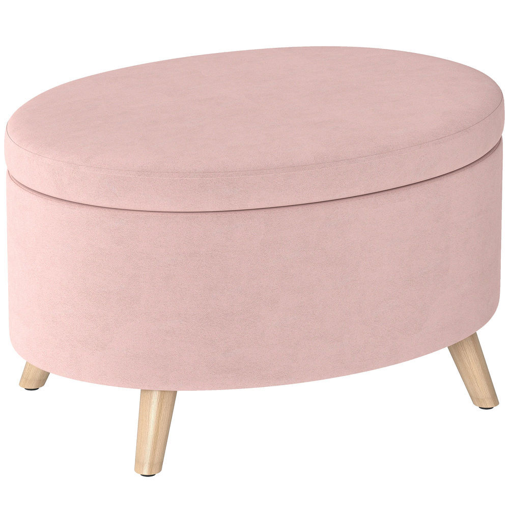 Homcom puff almacenaje ovalado, banco almacenaje, 71x51,5x42 cm, tapizado en terciopelo, con patas de madera maciza, carga 120 kg, para sala de estar, dormitorio, entrada, rosa claro