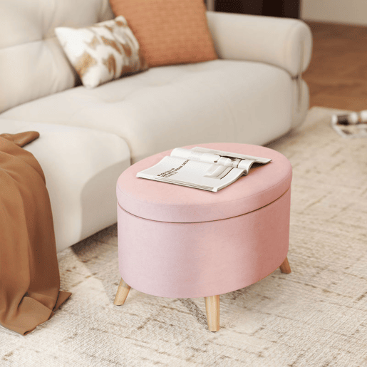 HOMCOM Otomano Puff Estofado em Veludo Acolchoado Banco de Armazenamento com Tampa Removível e Pés de Madeira para Dormitórios Sala de Estar Corredor 71x51,5x42 cm Rosa