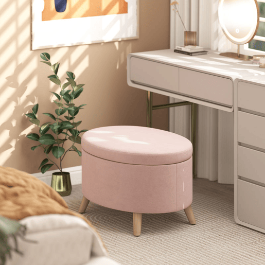 HOMCOM Otomano Puff Estofado em Veludo Acolchoado Banco de Armazenamento com Tampa Removível e Pés de Madeira para Dormitórios Sala de Estar Corredor 71x51,5x42 cm Rosa