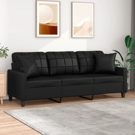 Sofá 3 lugares - Sofá fixo com almofadões decoração 180 cm couro artif. preto