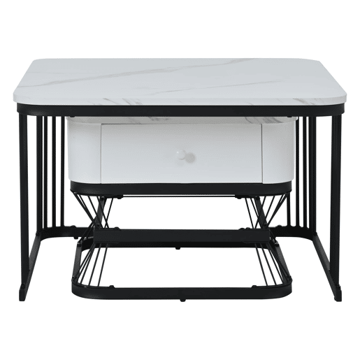 Conjunto de mesa de centro 2 peças - 70x70x45cm + 50x50x40cm - Mesa geométrica, brilhante, com 1 gaveta - Branco+Preto