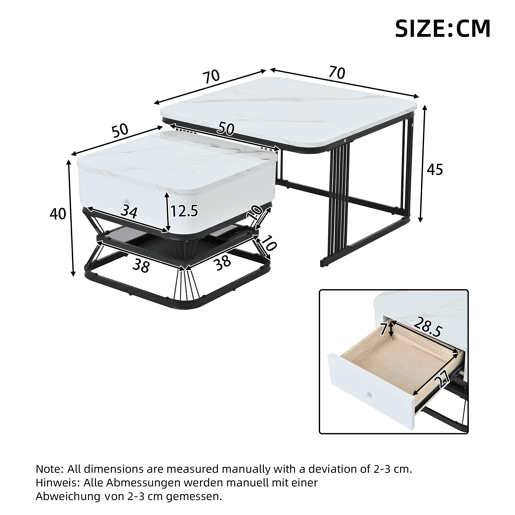 Conjunto de mesa de centro 2 peças - 70x70x45cm + 50x50x40cm - Mesa geométrica, brilhante, com 1 gaveta - Branco+Preto
