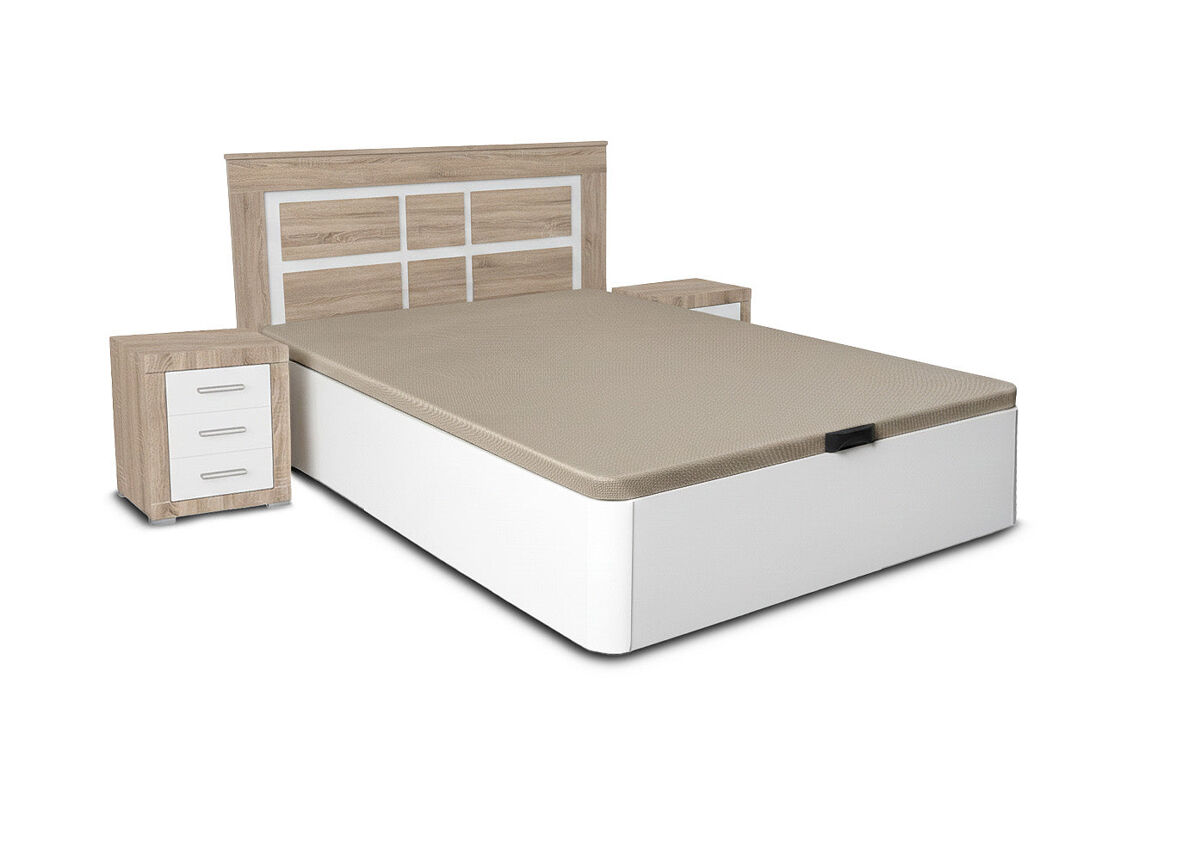 Pack cama canape blanco 150cm + cabecero y 2 mesitas de noche cambria y blanco