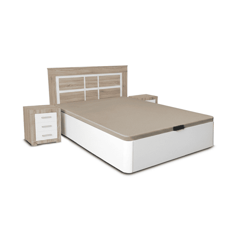 Conjunto de cama box de 150 cm branca com cabeceira e 2 mesas de cabeceira em Cambria e branco.