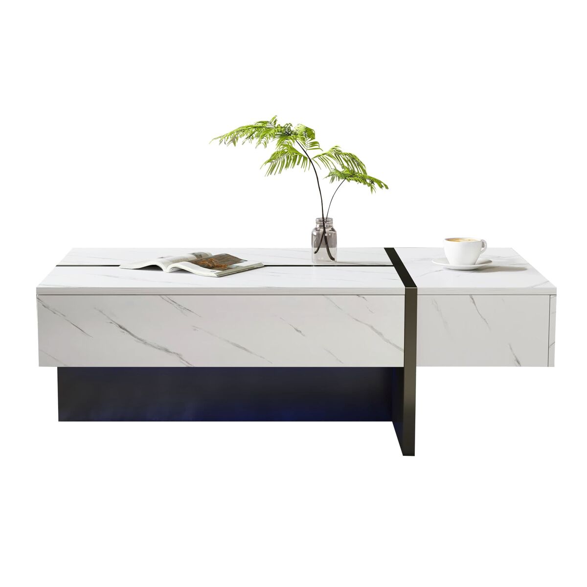 mesa de centro 105x60x35 cm - diseno irregular led marmol alta gloss - blanco