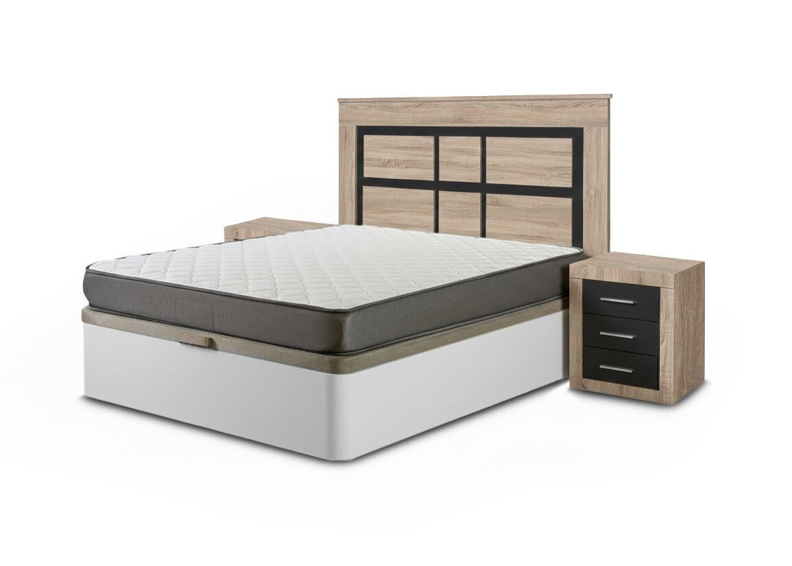 Pack cama canape, blanco, 150cm + colchón + cabecero y 2 mesitas de noche, cambria y grafito