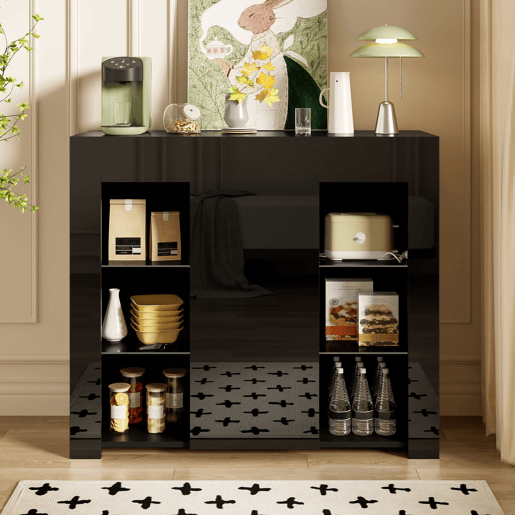 Aparador moderno 95x35x83 cm - Estilo compacto com prateleiras de vidro e porta - Preto