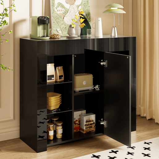 Aparador moderno 95x35x83 cm - Estilo compacto com prateleiras de vidro e porta - Preto