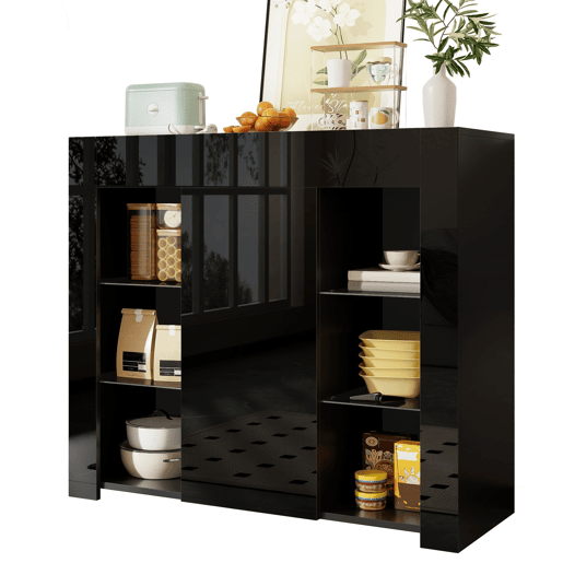 Aparador moderno 95x35x83 cm - Estilo compacto com prateleiras de vidro e porta - Preto