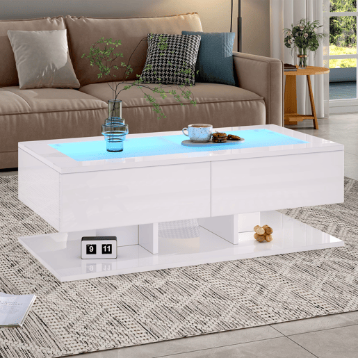 Mesa de centro 100x50x35 cm - Sofá com gavetas, mesa com LED e vidro - Branco
