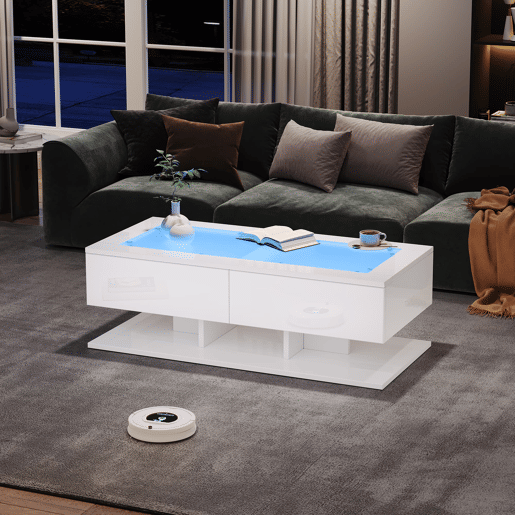 Mesa de centro 100x50x35 cm - Sofá com gavetas, mesa com LED e vidro - Branco