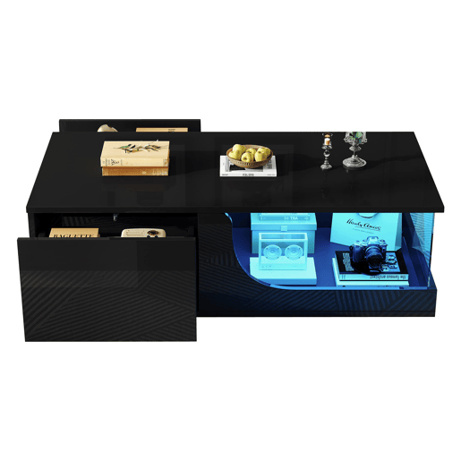 Mesa de centro 100 x 50 x 30 cm - Sofá com 2 gavetas, mesa de sala com LED e vidro temperado - Preto