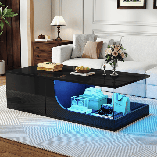 Mesa de centro 100 x 50 x 30 cm - Sofá com 2 gavetas, mesa de sala com LED e vidro temperado - Preto