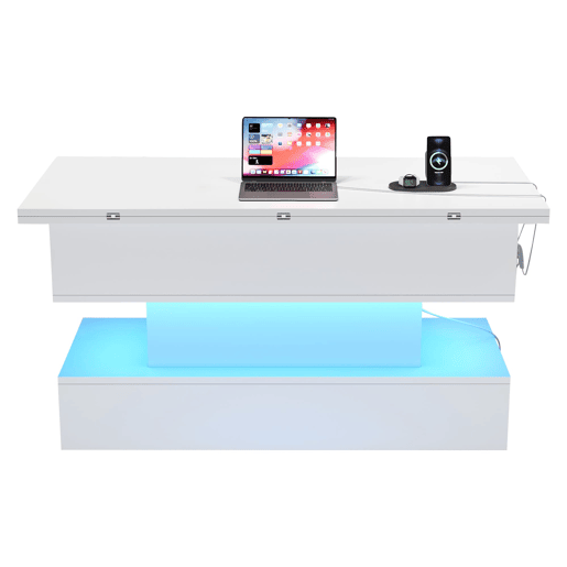 Mesa de centro 100 x 50 x 51,5 cm - com tomada, USB-C, LED, elevável, armazenamento, branca