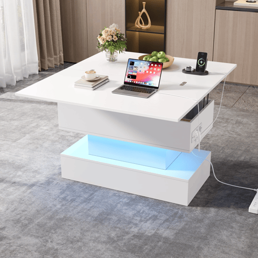 Mesa de centro 100 x 50 x 51,5 cm - com tomada, USB-C, LED, elevável, armazenamento, branca