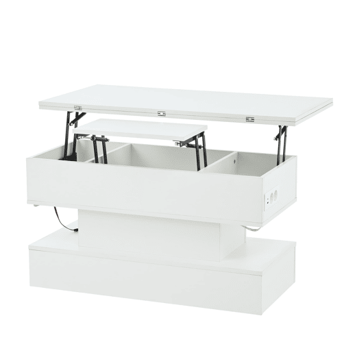 Mesa de centro 100 x 50 x 51,5 cm - com tomada, USB-C, LED, elevável, armazenamento, branca