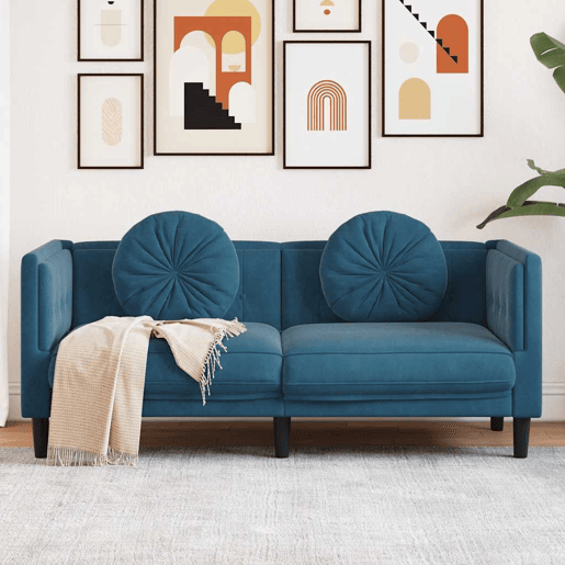 Sofá 2 lugares - Sofá fixo com almofadões veludo azul Sofá 2 lugares - Sofá fixo com almofadões veludo azul