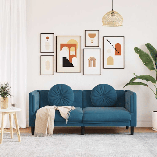 Sofá 2 lugares - Sofá fixo com almofadões veludo azul Sofá 2 lugares - Sofá fixo com almofadões veludo azul