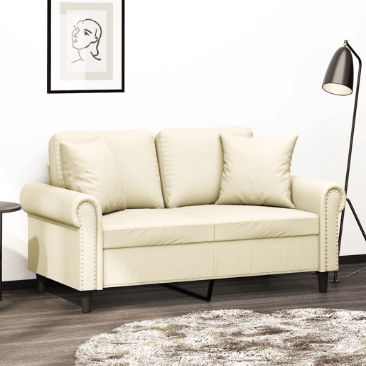 Sofá 2 lugares, Sofá fixo + almofadas decorativas 120cm couro artif. creme