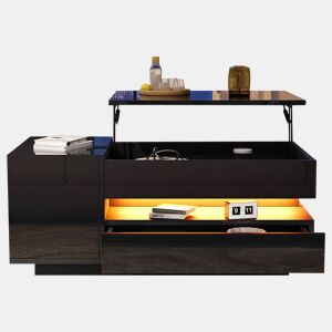 Mesa de centro 95x50x40 cm - elevável, LED, 1 gaveta, 1 armário, arrumação oculta - Preto