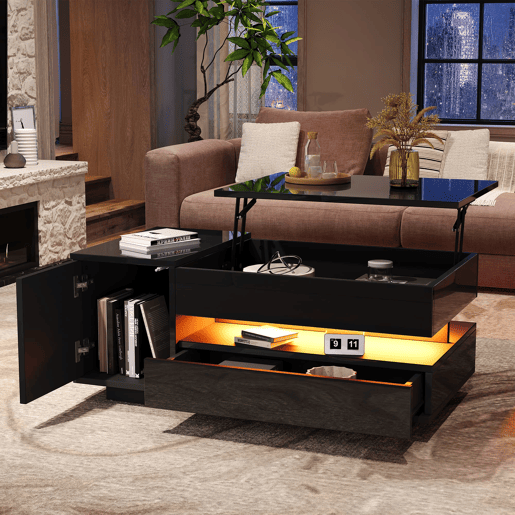 Mesa de centro 95x50x40 cm - elevável, LED, 1 gaveta, 1 armário, arrumação oculta - Preto