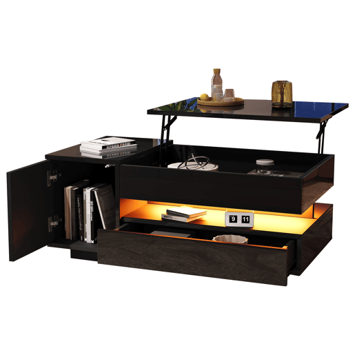 Mesa de centro 95x50x40 cm - elevável, LED, 1 gaveta, 1 armário, arrumação oculta - Preto