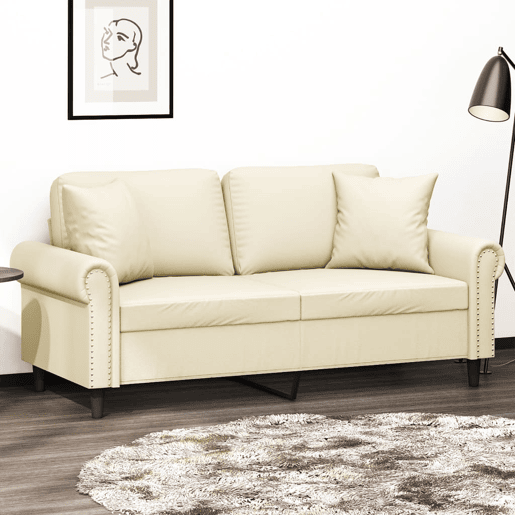 Sofá 2 lugares, Sofá fixo + almofadas decorativas 140cm couro artif. creme