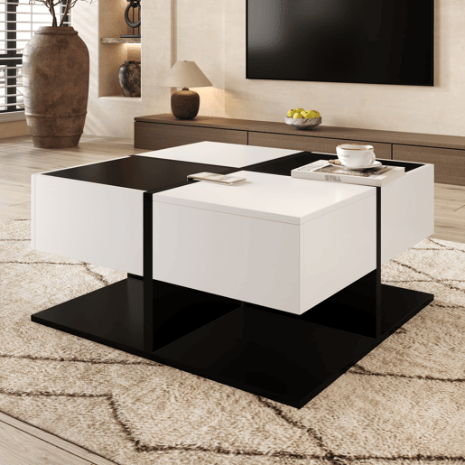 Mesa de centro quadrada 70x70x35,5 cm - 2 gavetas, com arrumação, design elegante - Preto e Branco