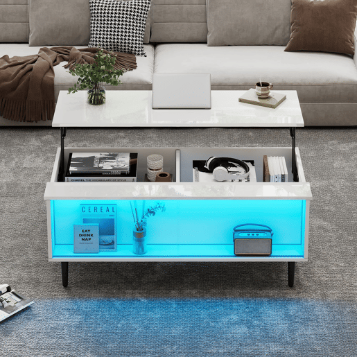 Mesa de centro elevável 105x50x43 cm - com LED, arrumação oculta, vidro temperado - Branco Mesa de centro elevável 105x50x43 cm - com LED, arrumação oculta, vidro temperado - Branco