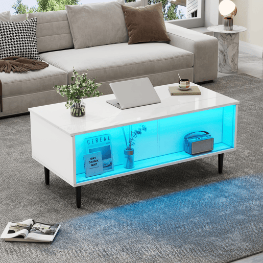 Mesa de centro elevável 105x50x43 cm - com LED, arrumação oculta, vidro temperado - Branco Mesa de centro elevável 105x50x43 cm - com LED, arrumação oculta, vidro temperado - Branco