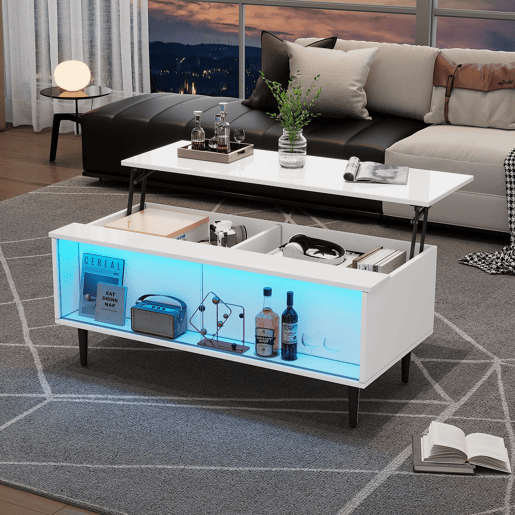 Mesa de centro elevável 105x50x43 cm - com LED, arrumação oculta, vidro temperado - Branco Mesa de centro elevável 105x50x43 cm - com LED, arrumação oculta, vidro temperado - Branco