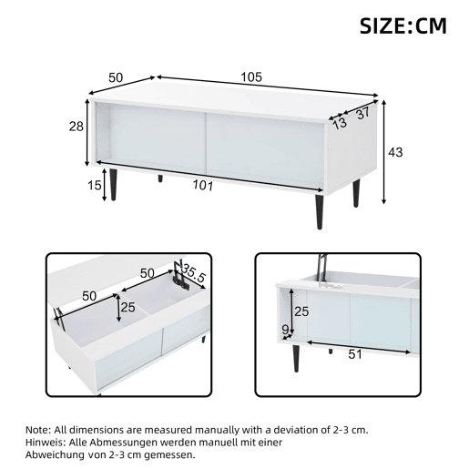 Mesa de centro elevável 105x50x43 cm - com LED, arrumação oculta, vidro temperado - Branco Mesa de centro elevável 105x50x43 cm - com LED, arrumação oculta, vidro temperado - Branco