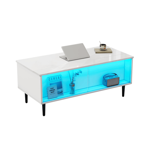 Mesa de centro elevável 105x50x43 cm - com LED, arrumação oculta, vidro temperado - Branco Mesa de centro elevável 105x50x43 cm - com LED, arrumação oculta, vidro temperado - Branco