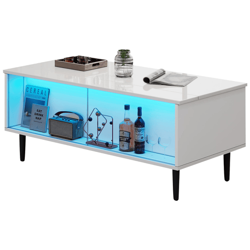 Mesa de centro elevável 105x50x43 cm - com LED, arrumação oculta, vidro temperado - Branco Mesa de centro elevável 105x50x43 cm - com LED, arrumação oculta, vidro temperado - Branco