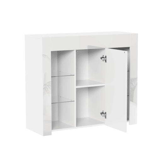 Aparador moderno branco 95x35x83 cm - Confrontamento brilhante, prateleiras de vidro e porta - Branco