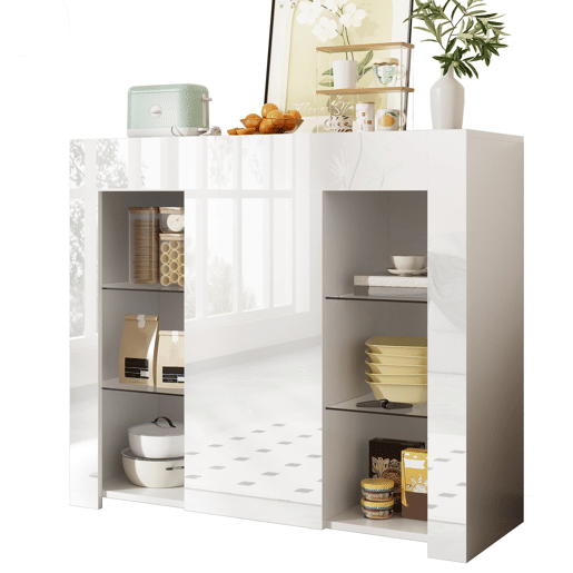 Aparador moderno branco 95x35x83 cm - Confrontamento brilhante, prateleiras de vidro e porta - Branco