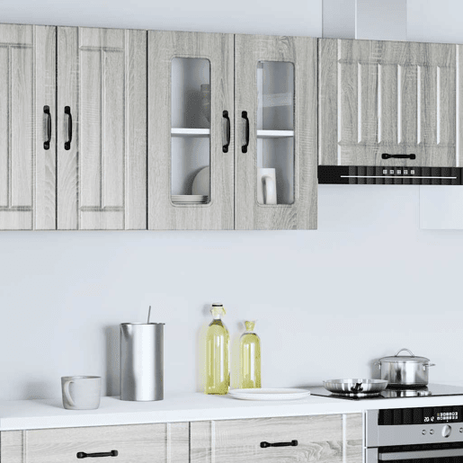 Armário de parede de cozinha - Cozinha modular porta vidro cinza sonoma