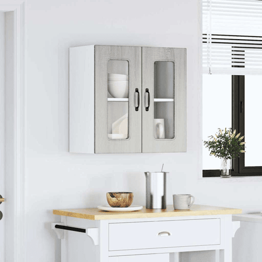 Armário de parede de cozinha - Cozinha modular porta vidro cinza sonoma
