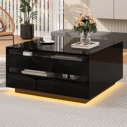 Mesa de centro elevável 707038 cm - Com LED, 1 gaveta, arrumação oculta, preta