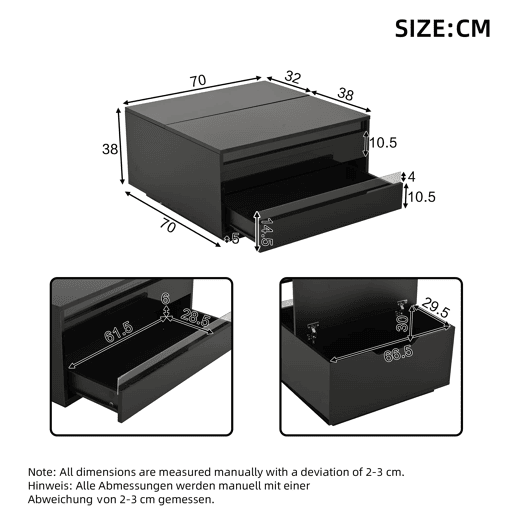 Mesa de centro elevável 707038 cm - Com LED, 1 gaveta, arrumação oculta, preta