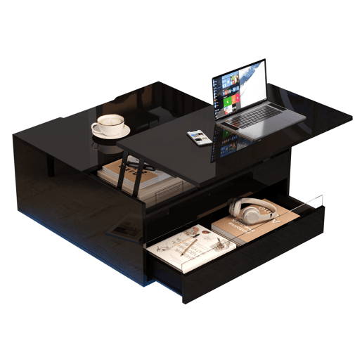 Mesa de centro elevável 707038 cm - Com LED, 1 gaveta, arrumação oculta, preta