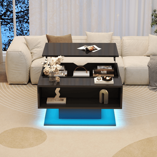 Mesa de centro 80x77x40 cm - Mesa de sala com elevação hidráulica, arrumação, design geométrico - Preto