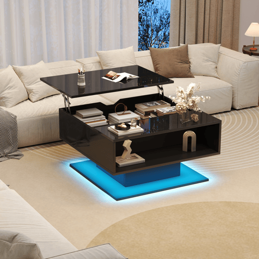Mesa de centro 80x77x40 cm - Mesa de sala com elevação hidráulica, arrumação, design geométrico - Preto