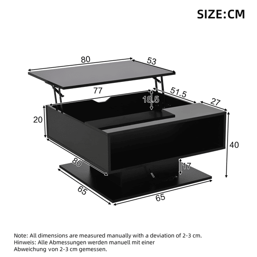 Mesa de centro 80x77x40 cm - Mesa de sala com elevação hidráulica, arrumação, design geométrico - Preto